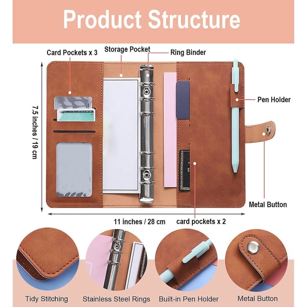 A6 6-Ringets Budgetmappe Organizer A6 Mappe Udgiftsbudgetark til Pengebesparende Kontantkonvolutsystem Brun