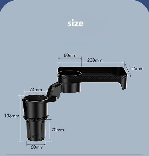 Multifunksjonell bilkoppholder med avtakbart brett og 360° roterende og justerbar base.