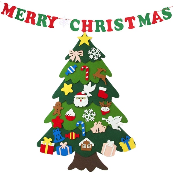 Gjør-det-selv filt juletre med 26 ornamenter for barn, avtakbar juletre hengende krok tau for barn Julegaver Veggvindusdørdekor A