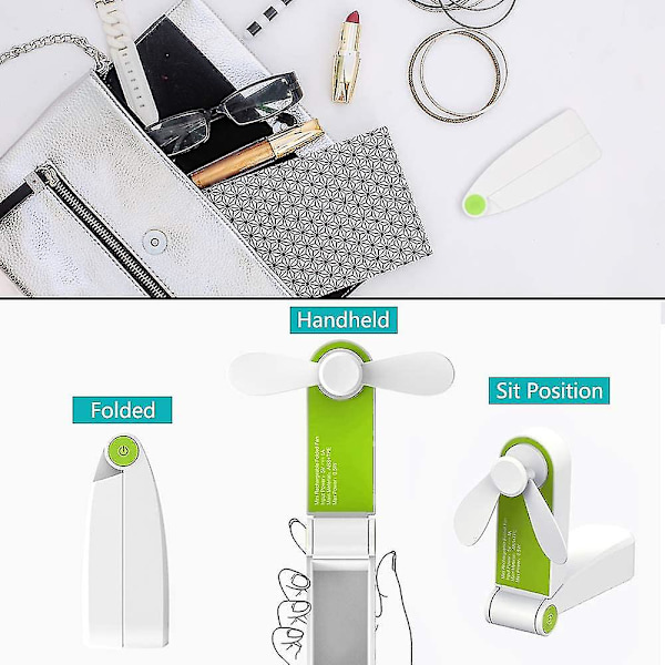 Håndholdt Mini Fan Bærbar Foldbar Lomme Fan USB Genopladelig Bord Fan Lille Rejse Fan Til Hjem, Rejse, Camping, 2 Hastigheder (Grøn)