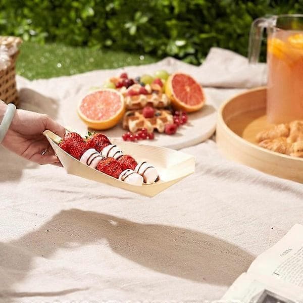 8 tum stora engångstallrikar av bambu, 100-pack - Biologiskt nedbrytbara sushibåtar, serveringsbricka, tallrikar av träpapper
