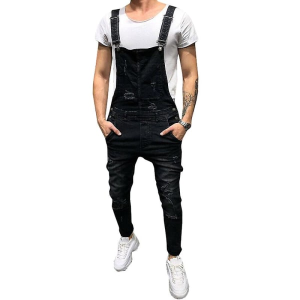 Herre Denim Rippede Overalls Jeans Dungarees Jumpsuits med lommer Black XL