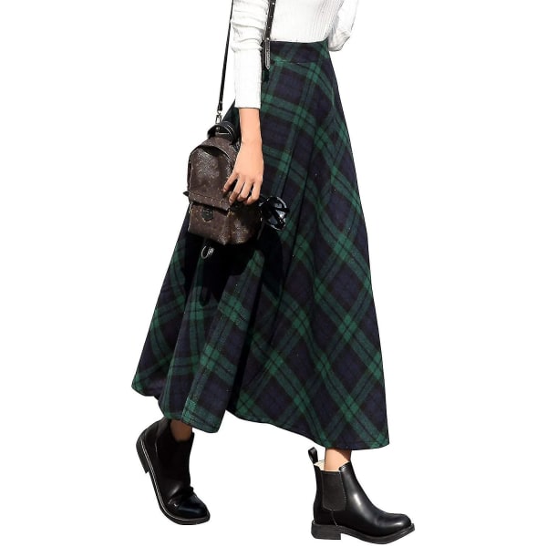 Sunrain Dame Høj Elastisk Talje Maxi Skørt A-linje Tartan Vinter Varmt Flare Langt Skørt