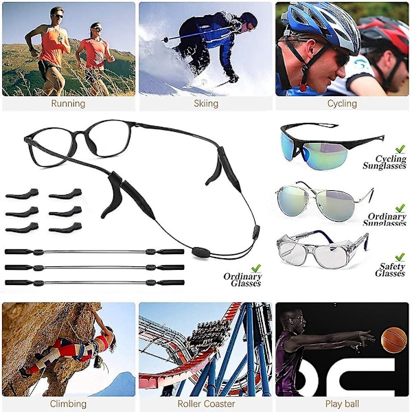Glasögonsnöre Justerbart Ögonbågshållare 3st Universal Passform Sport Solglasögonhållare + 6st Glas