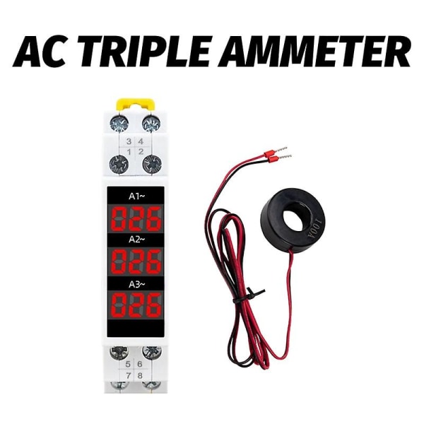 DIN-skinnemontert 3-faset Amperemeter Mini Modulstrømmåler Målerindikator LED Digital Display Detektor Amperemeter