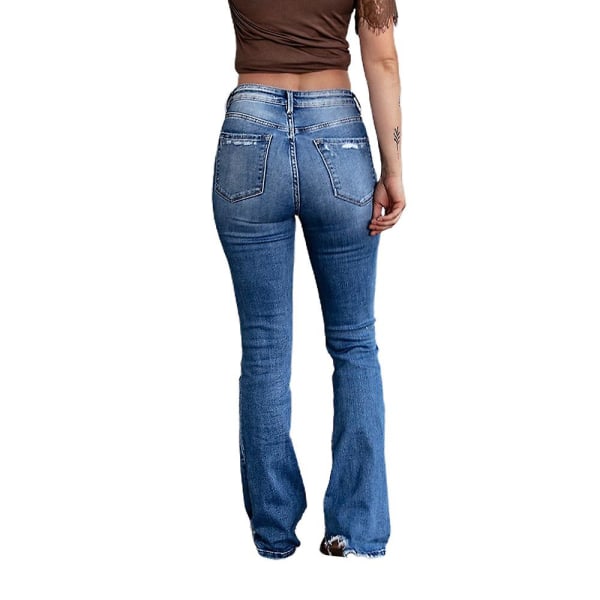 Kvinnor Ripped Jeans Bootcut långa byxor Casual Stretch Jeansbyxor Light Blue 2XL