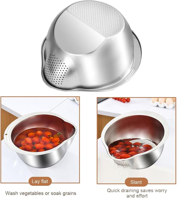 Risskål med filter, grönsakssköljare med filter, risfilter i rostfritt stål.