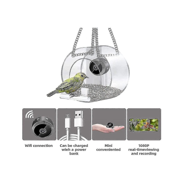 2024 fuglefoder med trådløst udendørs kamera, fuglehus med 720P kamera natversion WiFi-kamera, sort