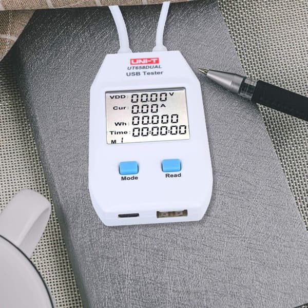 (Kompatibel) USB LCD Strømmåler, USB-tester, Detektor, Voltmeter, Amperemeter, Digital Strømkapasitetstester (UT658-Dual)