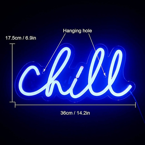 Chill Neon-skylt Blå LED-skylt Chill Neon Vägglampa 14'' X 7'' Bokstavs-neonskyltar för Väggdekoration Neonskyltar för Sovrum Bar Hotell Spelrum