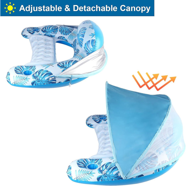 Pool Float med Baldakin och Kopphållare, XL Poolstol Lounge Float med Justerbar Solskydd, Dryckeshållare, Ergonomisk Huvudstöd Uppblåsbar Pool Float