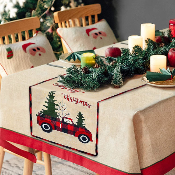 Jute-julebordløper, god jul, rødt lastebiltre rustikk julebordløper