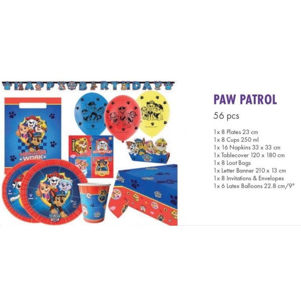 56-pakning Paw Patrol festpakke 8-personer Multicolor