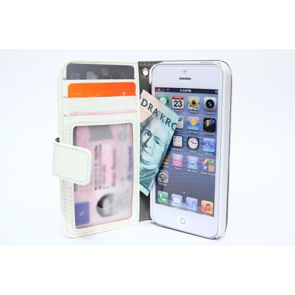 Plånboksfodral väska iPhone 5/5S/SE lycheeläder ID ficka White Vit