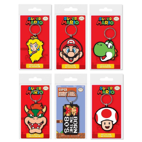 6-Pack Nintendo Super Mario Bowser Yoshi Princess Peach Toad Keyring Rubber Multicolor