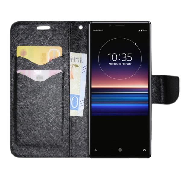 Sony Xperia 10 Plus Plånboksfodral Fancy Case + Handlovsrem Svar Svart