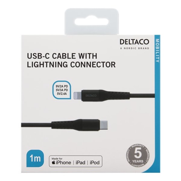 DELTACO USB-C To Lightning 1m Braided, USB 2.0, musta Black