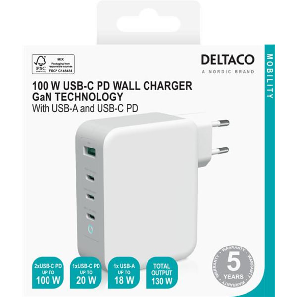 DELTACO USB-C wall charger, 1x USB-A, 3x USB-C Power Delivery, 1 White