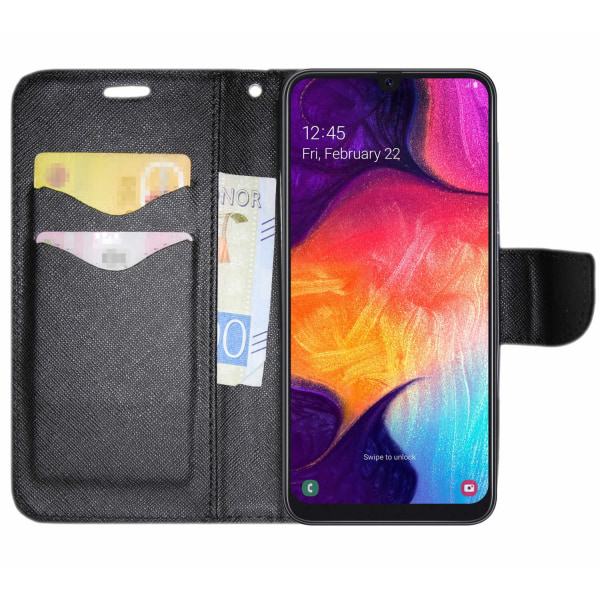 Samsung Galaxy A30 (A305) Deksel Fancy Lommebok -etui + Håndleddsrem Svart Black