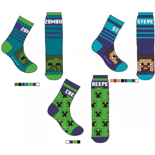 3-pakning Minecraft Socks Creeper Zombie Steve Velg størrelse MultiColor S