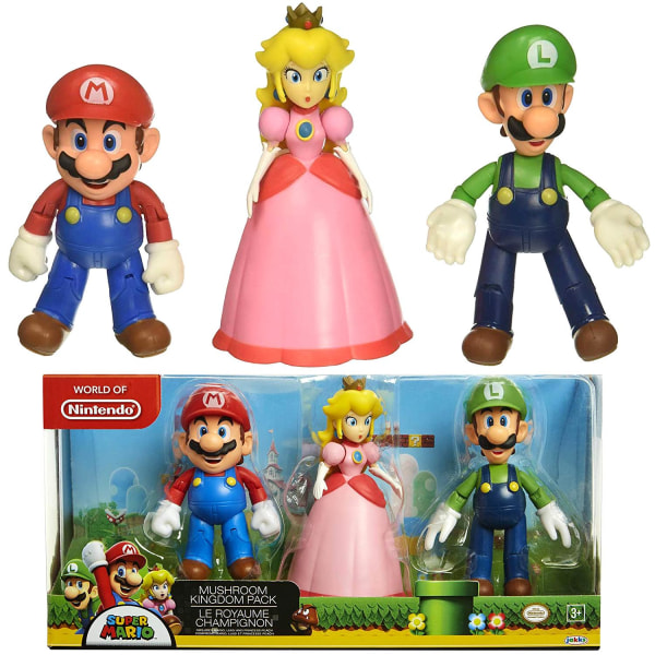 Super Mario 3-pack Mushroom Kingdom -leikkisetti, asetettavat figuurit 10- Multicolor
