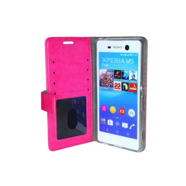 Sony Xperia M5 Wallet Case ID pocket, 4pcs Cards + Wrist strap Dark pink