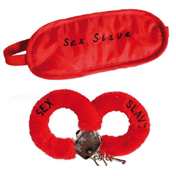 Pelshåndjern og øyemaske - Sexslave - Prank Fun - Rød Red one size