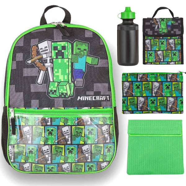 5-Pack Minecraft Creeper Ryggsäck Skolväska Med Vattenflaska Lun multifärg one size