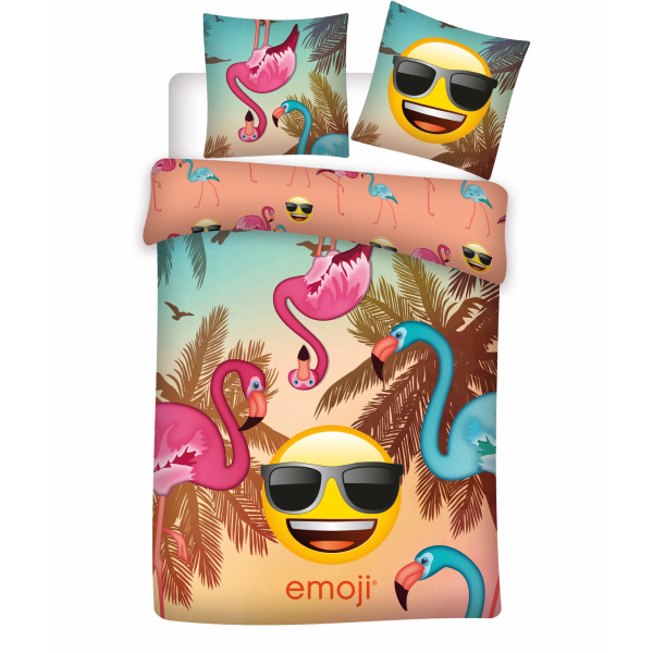 Emoji Flamingo Påslakanset Bäddset Vändbart 140x200+63x63 cm multifärg