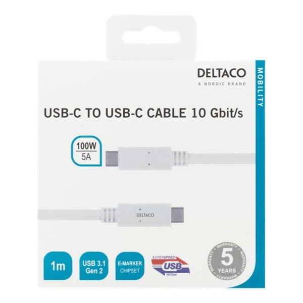 DELTACO USB-C - USB-C 1m USB 3.1 Gen2 piirisarja 100W 5A valkoinen White