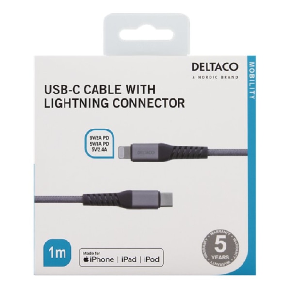 DELTACO USB-C To Lightning 1m Braided, USB 2.0, Space Grey Grey