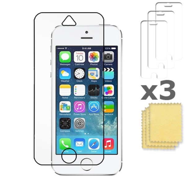 3-pack Apple iPhone 5 / 5S / SE skjermbeskytter gjennomsiktig + rengjøringsklut Transparent