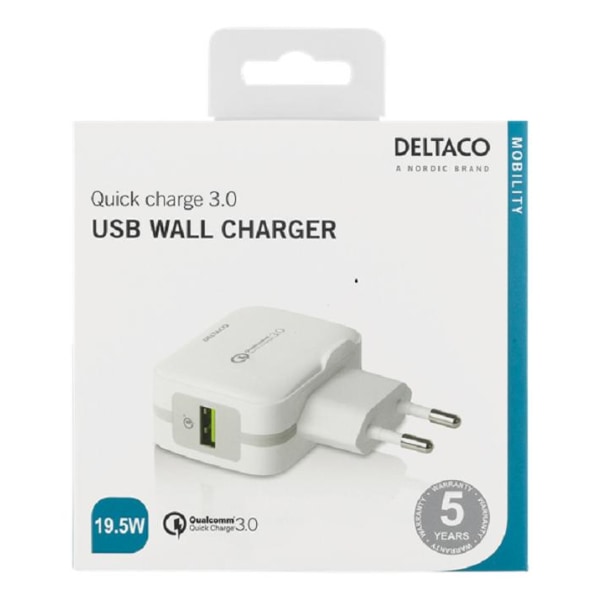 DELTACO Oplader  5V USB Qualcomm Quick Charge 3.0 19.5W Hvid White