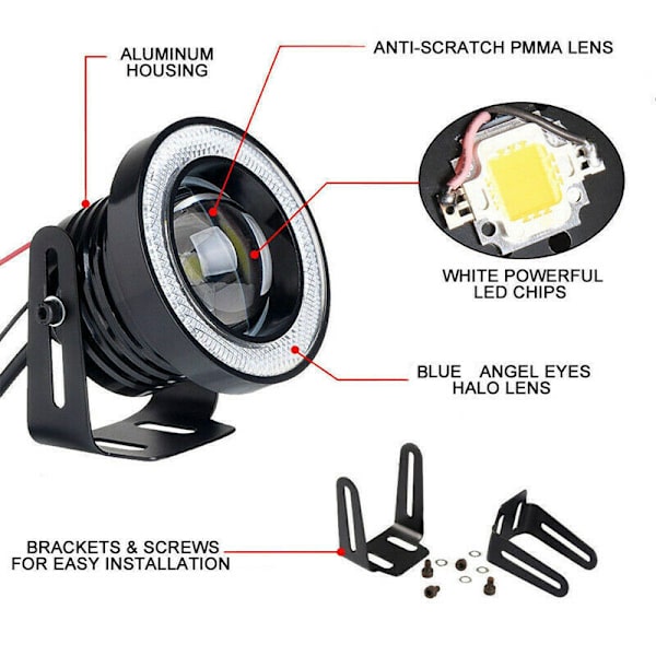 2,5'' 15W Bil Vit COB LED Projektor Angel Eyes Blå Ring DRL Blue 1Pcs