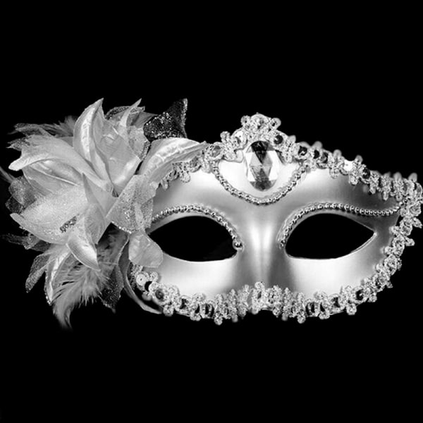 Sexig diamant venetiansk mask Venedig fjäder blomma bröllop Carniv Silver onesize