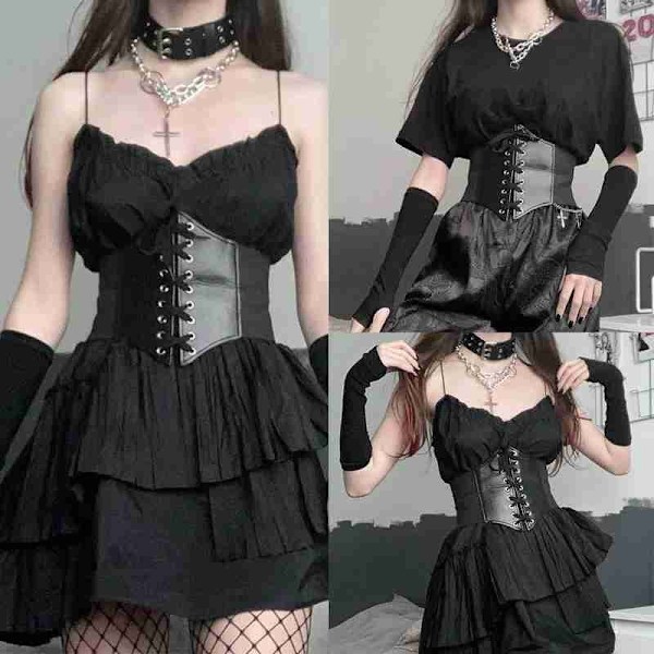 1st Gothic Dark Lace Up Kvinnlig Midja Korsett Bälte Bred PU Läder Black P1