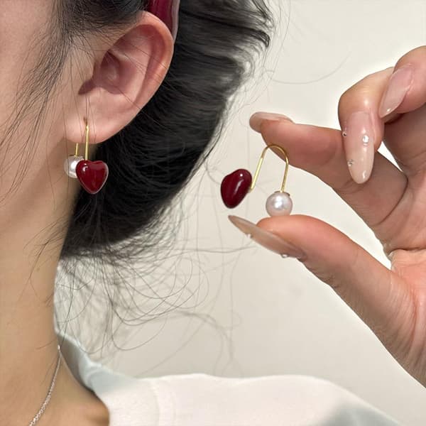 Røde hjerteformede perleøreringe Søde kvindesmykker Trendy Ac Red