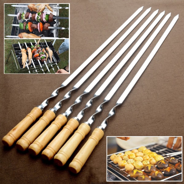 6 stk Rustfritt stål BBQ Flat spyd Utendørs Grill Langt håndtak Brown 6Pcs