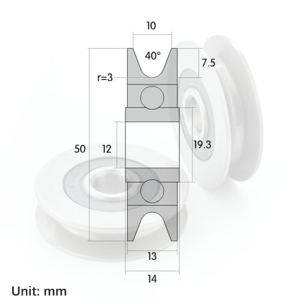 12*50*13mm spårhjul Metall U-spår ståltrådslyftning A1 A1