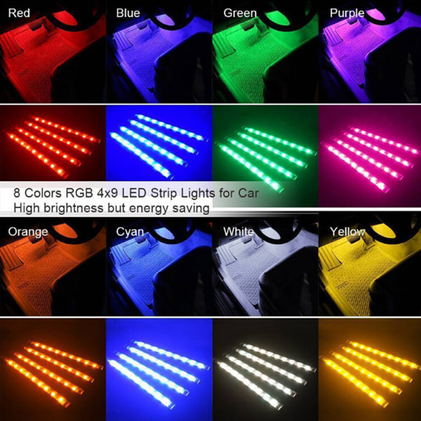 4x 9LED RGB auton sisäilmatunnelma Jalkatilan nauhavalo USB Ch Black One Size