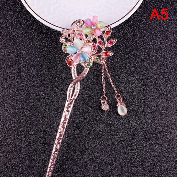 Cat Eye Stone Hair Pin Double Flower Rhinestone Hair Stick Hair Multicolor A5