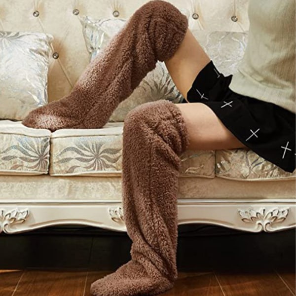 Over Knee High Fuzzy Long Socks Plyschstrumpor Benvärmare Vinn Brown one size