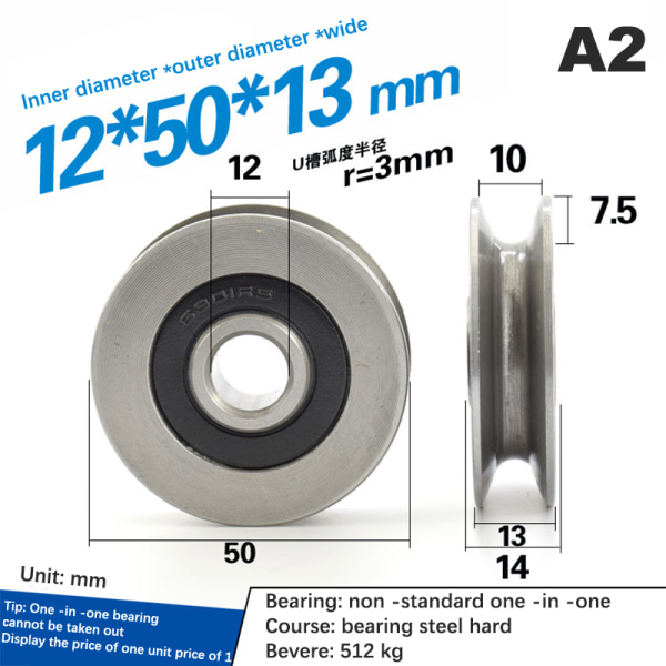 12*50*13mm rillehjul Metal U-rille stålwireløftning A2 A2