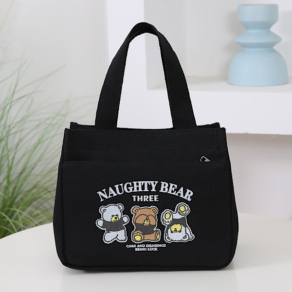 Cartoon e Pattern Canvas Versatile Handbag Office Worker Lunch Black