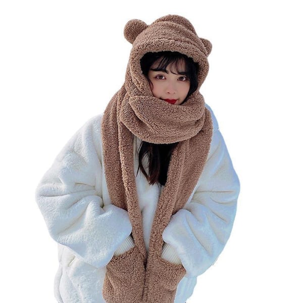 e Bear Ear Hat Scarf Handskar 3-i-1 Winter Warm Cap Dam Windpr 1#-Brown one size