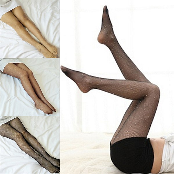 Nya kvinnor Crystal Rhinestone Fishnet Net Mesh strumpor T Nude 76cm