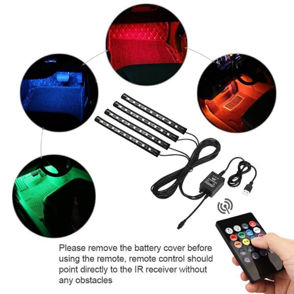 4x 9LED RGB auton sisäilmatunnelma Jalkatilan nauhavalo USB Ch Black One Size