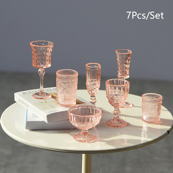 7 Stk 1:6 Dukkehus Miniature Vandkop Vinglas Champagne Gla Pink One Size