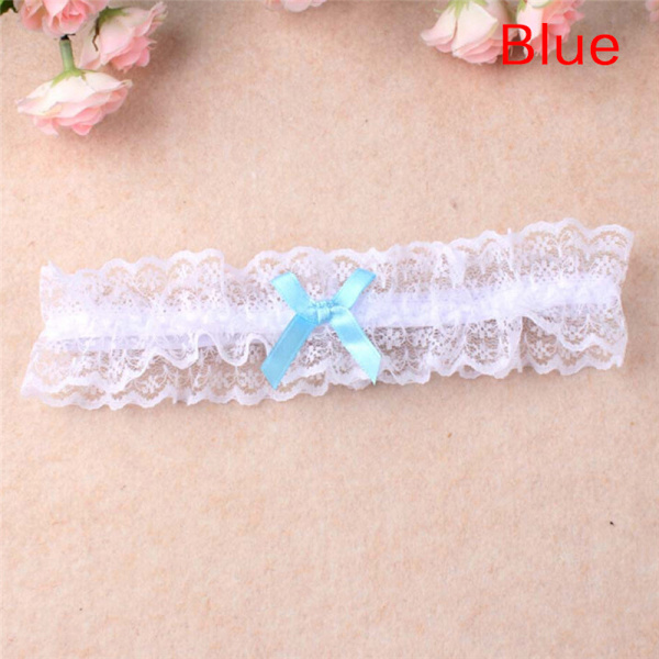 Dubbelfärgad spetsband Bowknot Bröllop brud höna present strumpeband Blue One Size