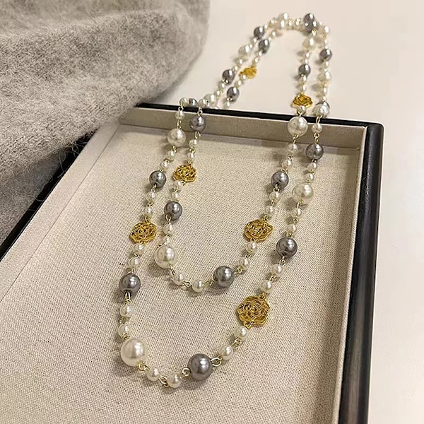 Klassisk utsökt pärl-lång tröj-halsband Mode Damdel A4